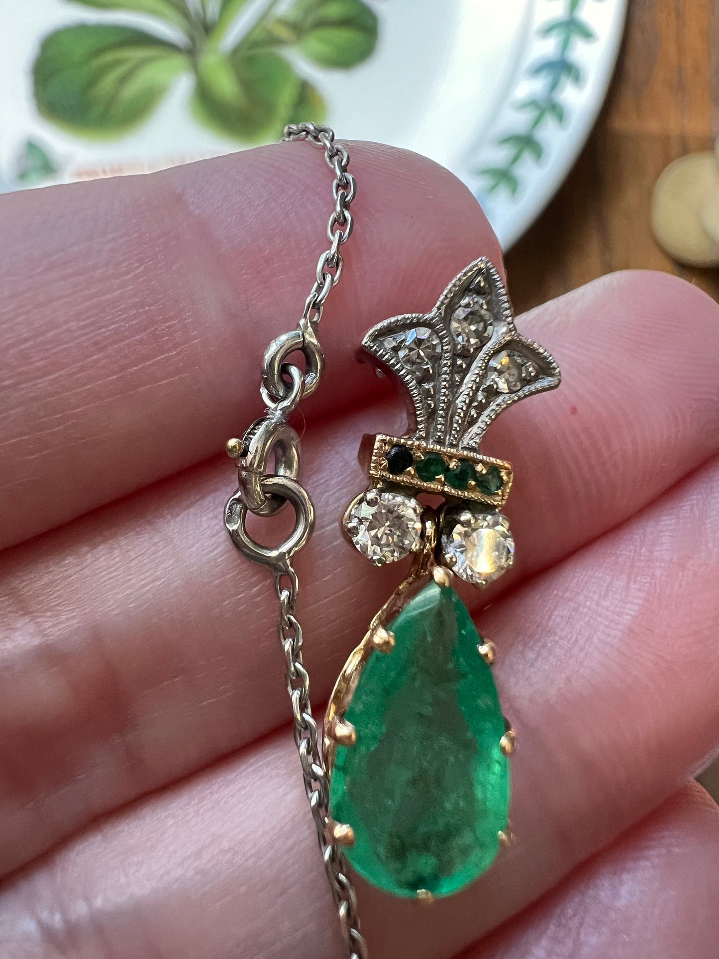 Fleur De Lis Teardrop EMERALD Transitional Cut Diamond Pendant Necklace on Chain French Vintage 18k White & Yellow Gold Neckmess Love Gift