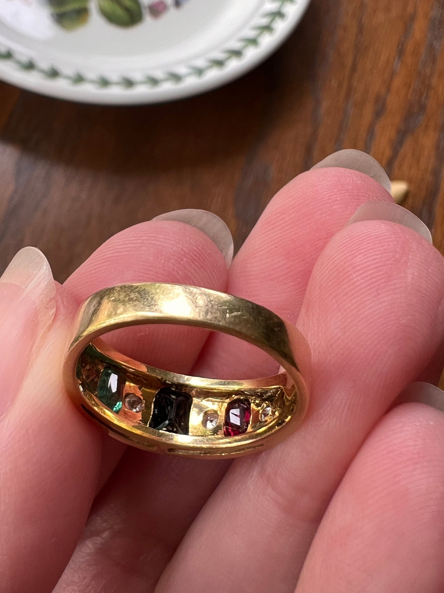 Sapphire Ruby Emerald Diamond Seven Stone GYPSY Ring VINTAGE 18k Gold Tapered Cigar Band Stacker Red Green Blue Three Rectangle Multi Color