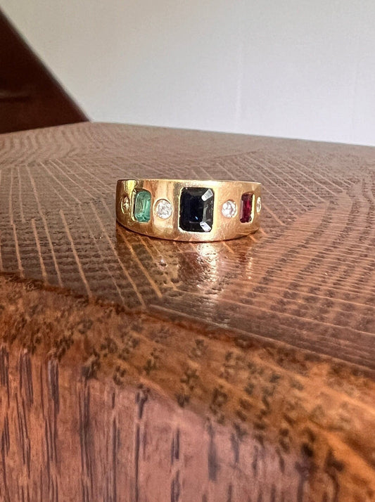 Sapphire Ruby Emerald Diamond Seven Stone GYPSY Ring VINTAGE 18k Gold Tapered Cigar Band Stacker Red Green Blue Three Rectangle Multi Color