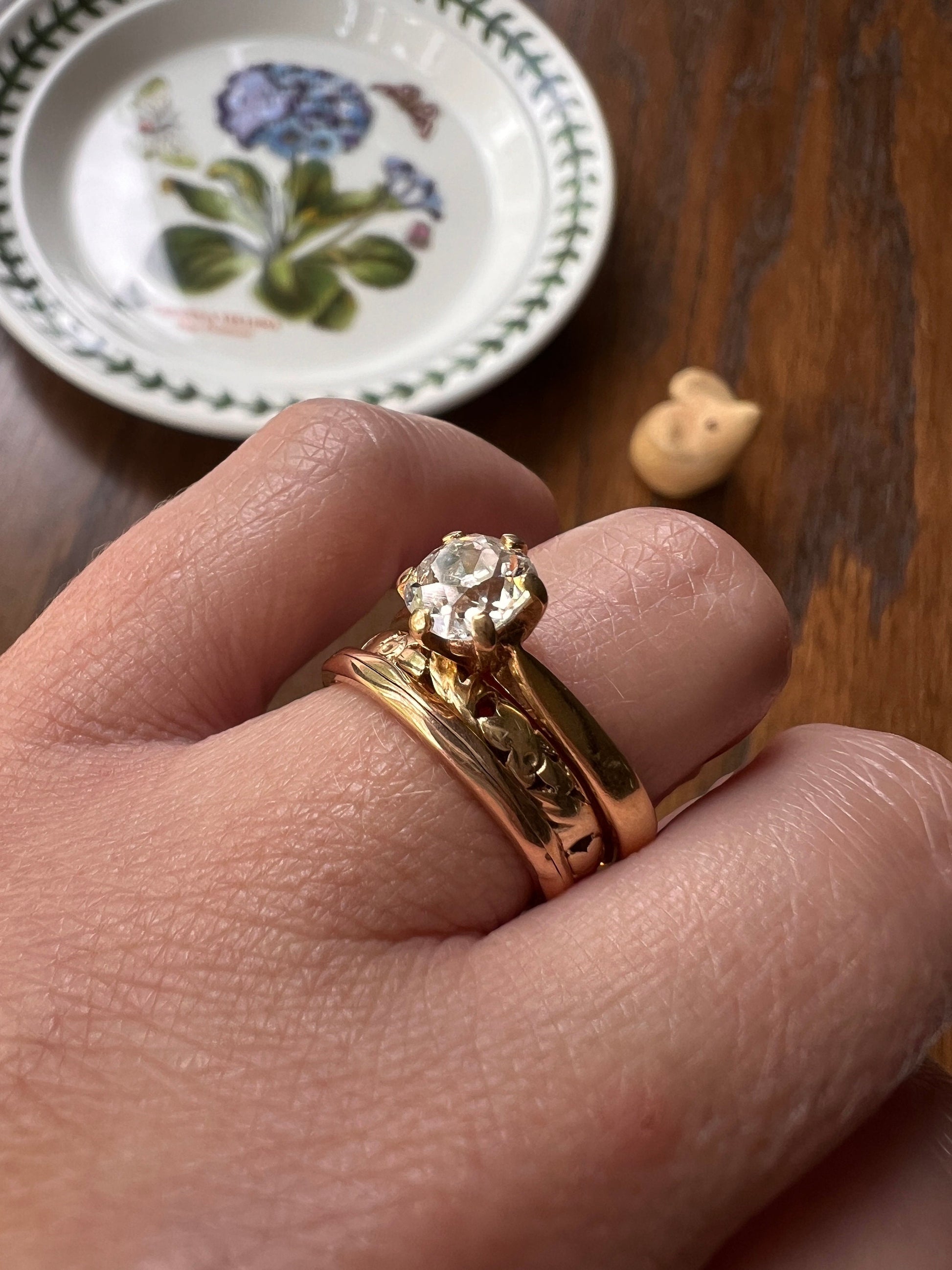Tall Antique 0.8 Carat Old Mine Cut DIAMOND Solitaire Victorian French 18k Gold Ring Engagement Stacker Band Belle Epoque Romantic Gift OMC