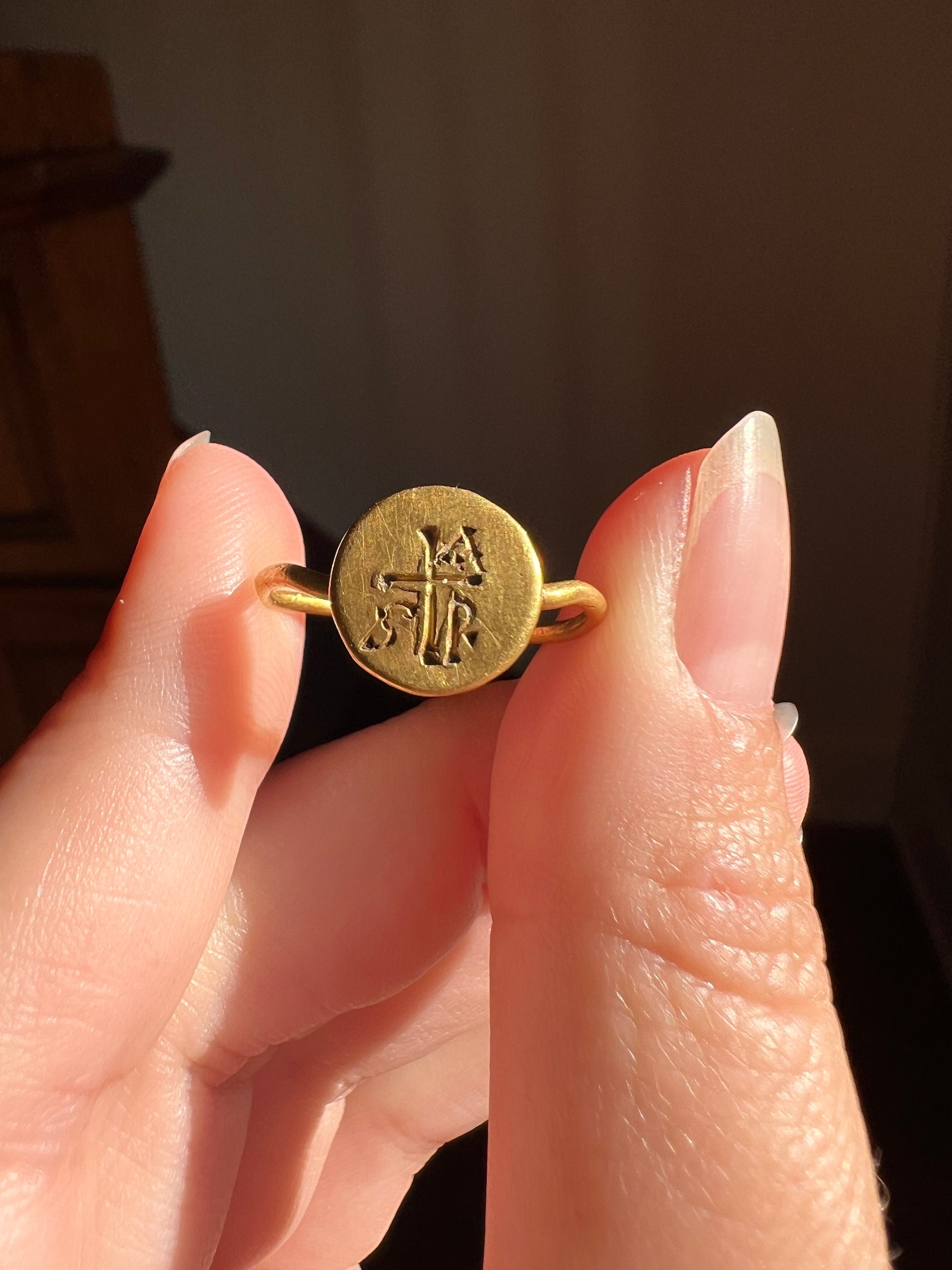 Ancient Roman Byzantine Cruciform Monogram Signet Ring 22k High Carat Gold Engraved Disk 5th-8th Century Donut Shank Romantic Gift Cross