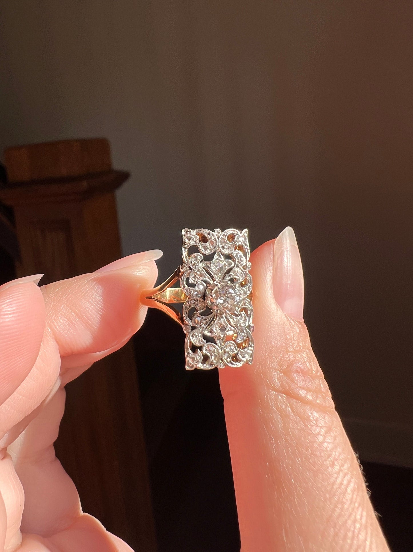 Very ORNATE Lace Filigree Rose Old Mine Cut DIAMOND Ring 18k Gold French Antique Belle Epoque Victorian Art Nouveau Gift Rectangle Panel