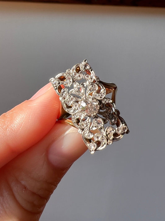 Very ORNATE Lace Filigree Rose Old Mine Cut DIAMOND Ring 18k Gold French Antique Belle Epoque Victorian Art Nouveau Gift Rectangle Panel