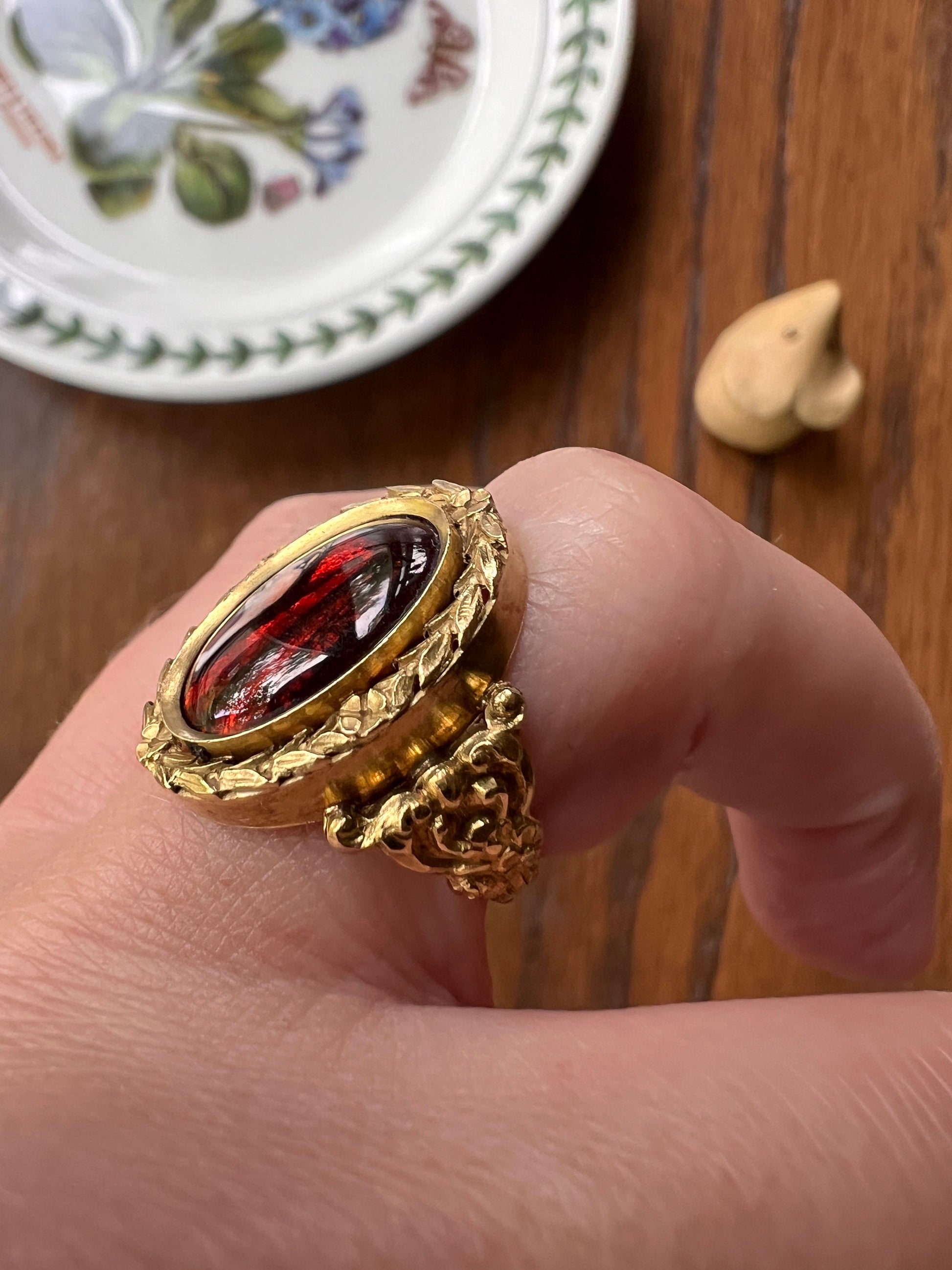 Floral GARLAND Antique FRENCH Enamel LIMOGES Portrait Ring 18k Gold Hand Painted Woman Portrait Metallic Red Signed Bonnadier Forget Me Not