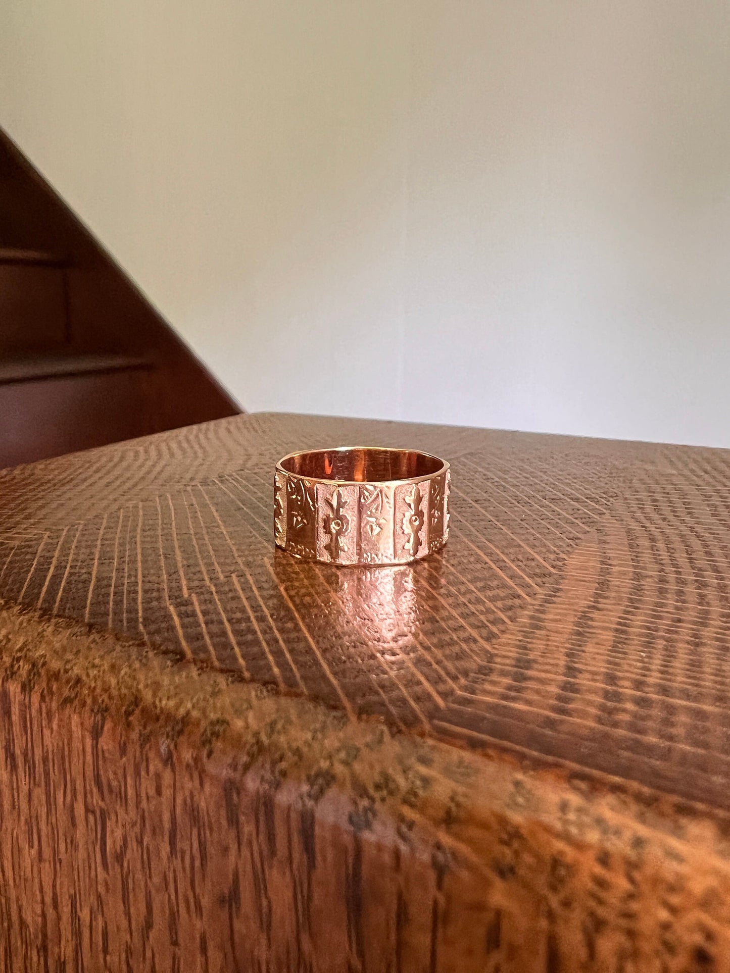 FLORAL Victorian Forget Me Not Beveled 9mm Wide Cigar Band Ring Antique 10k Rose Gold Solid Eternity Stacker Romantic Gift Chunky Engraved