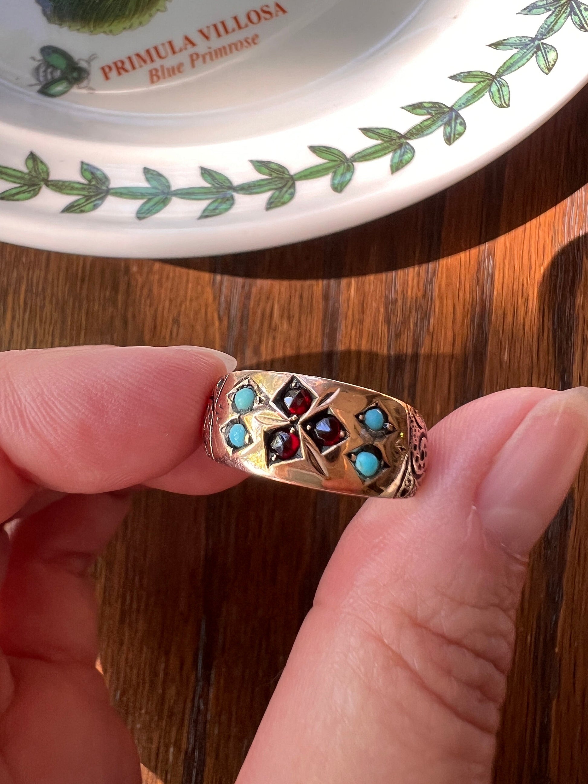 Rose Cut GARNET Turquoise Ornate Wide Band Stacker Ring 10k Rose Gold Victorian Wedding Swirl Shoulders Romantic Gift Blue Red Floral Clover