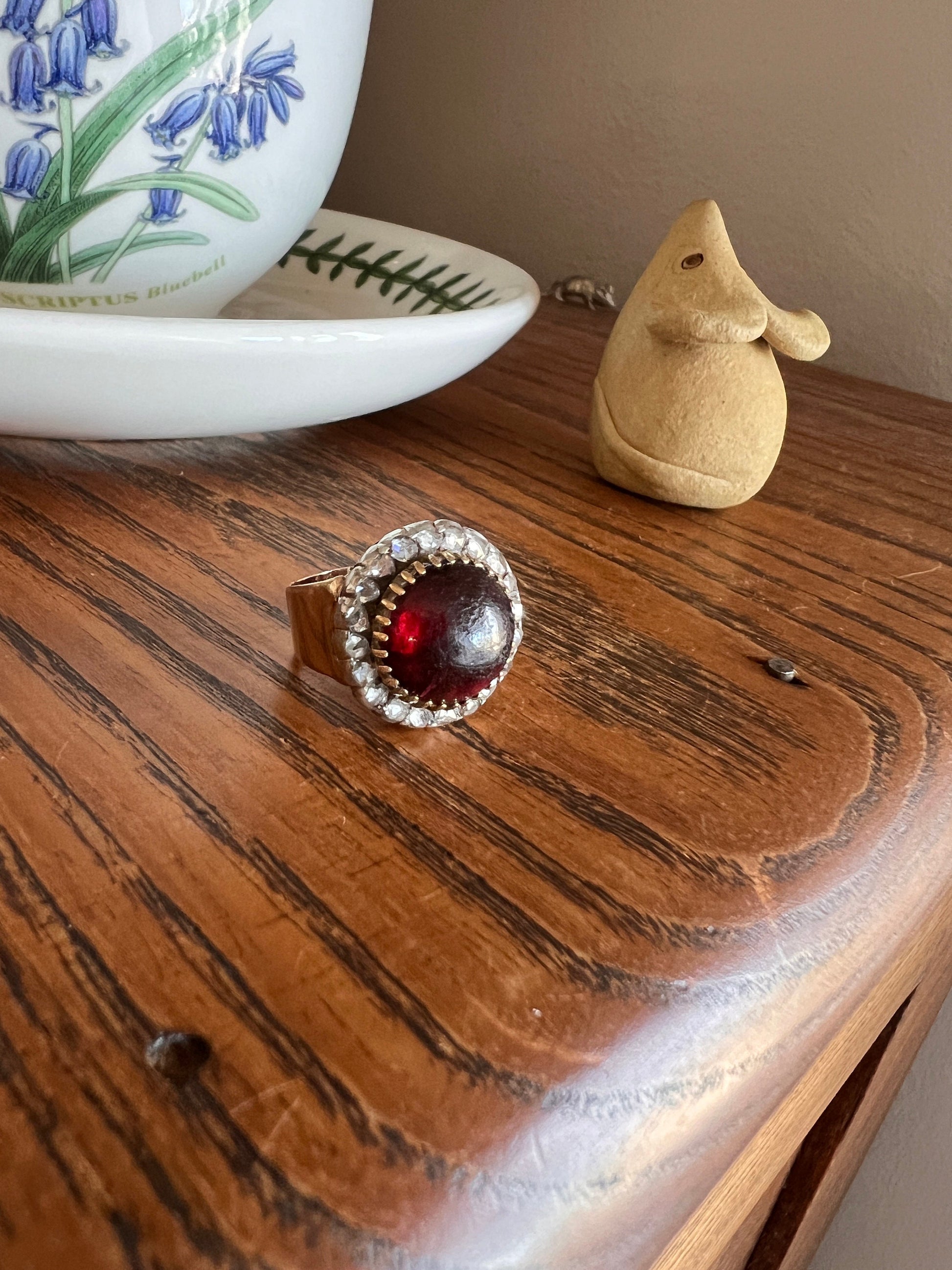 Glowing Cabochon Red GARNET Rose Cut Diamond Halo Ring French Antique 18k Gold Silver Victorian Juicy Crimson Romantic Gift Round Bauble