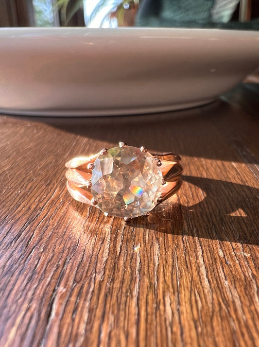 ANTIQUE Large 2.5 Carat Old European Cut DIAMOND Solitaire Ring Pale Yellow Light Brown 18k Rose Gold c1900 Victorian French Belle Epoque