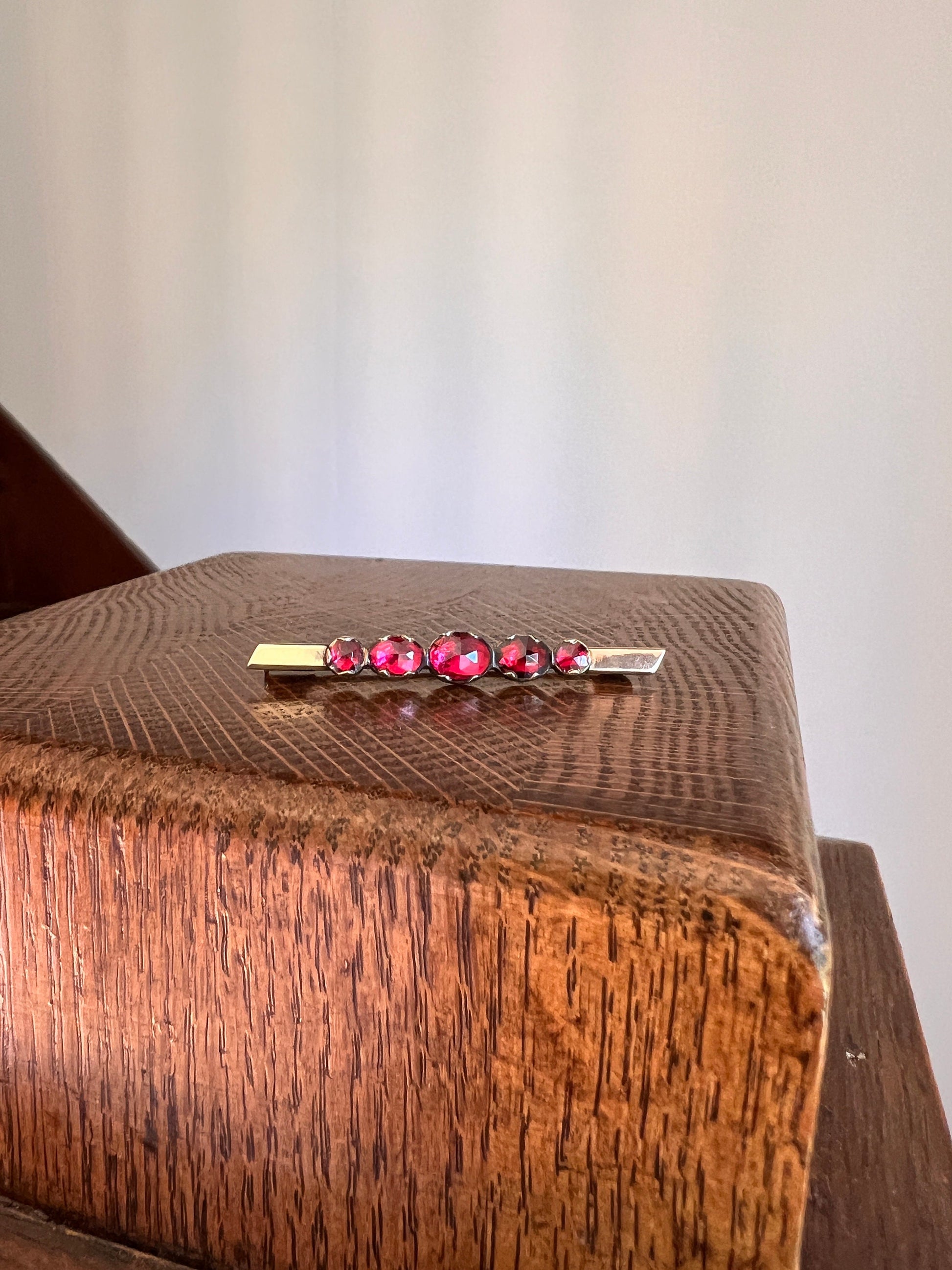PERPIGNAN Garnet Five Stone Juicy Purple Pink Red Bar Line Brooch for Pendant Conversion French Antique Victorian 18k Gold Oval Geometric