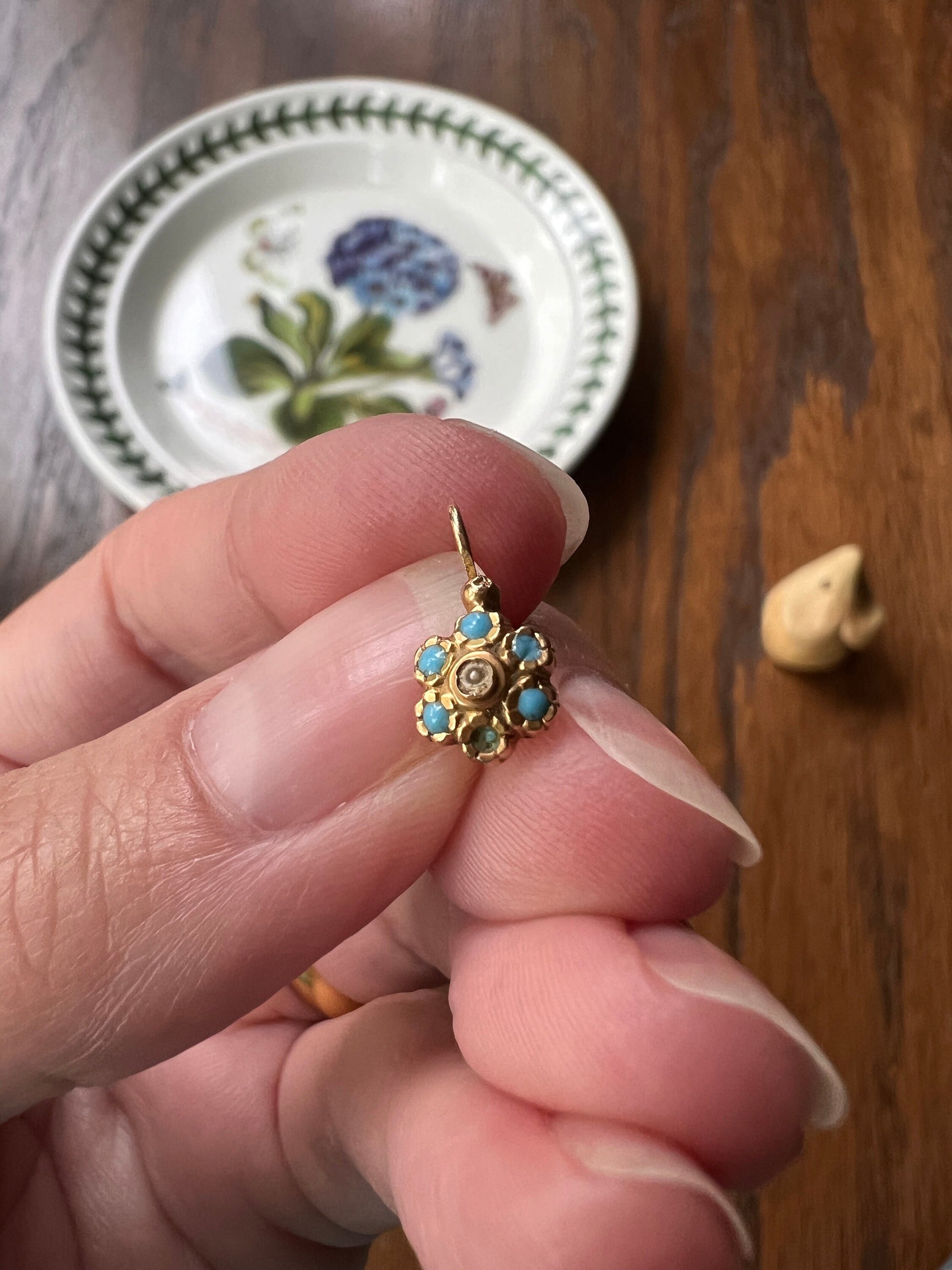 Floral Forget Me Not Antique Blue Enamel VICTORIAN Dainty SINGLE Earring French Dormeuse 18k Gold Minimalist Mix Match Something Old Bridal