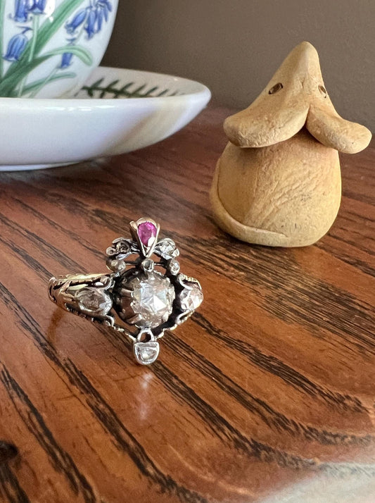 CROWN Georgian Antique Rose Cut DIAMOND Ruby Ring 14k Gold Silver Stacker Crowned Tulip Floral Figural Scrolled Unique Ring Butt Love OoaK