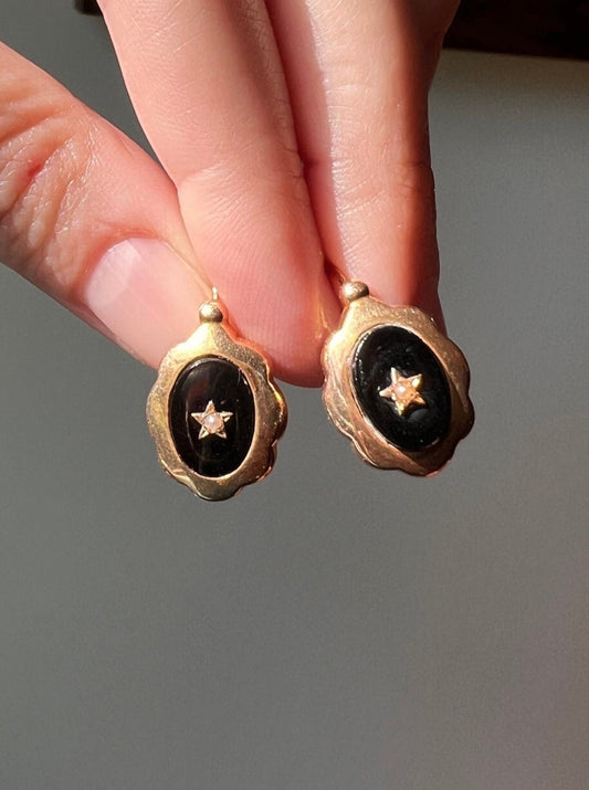 STAR Onyx ? Pearl Oval French Antique Victorian Art Nouveau Earrings 18k Gold Solid Dangle Dormeuse Belle Epoque Unique Gift Jet Black Oval