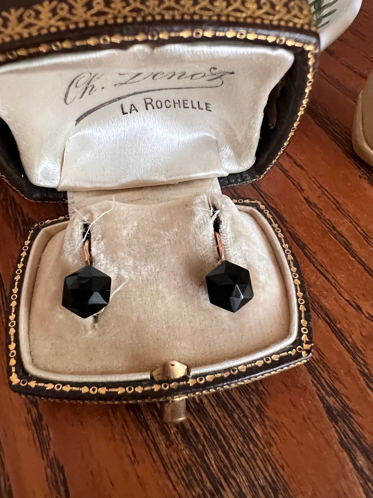 HEXAGON Faceted Black Onyx Jet? French Antique Geometric Victorian Art Nouveau Earrings 18k Gold Mourning Dangle Dormeuse Belle Epoque Gift