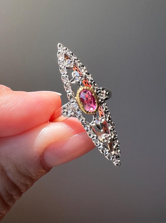 Art NOUVEAU Antique FRENCH Rose Cut Diamond RUBY Skinny Navette Ring 14k 18k Gold Belle Epoque Romantic Gift Pink Red Ornate Filigree Drama