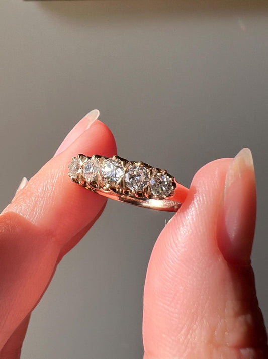 Antique OMC 0.8ctw Old Mine Cut DIAMOND 5 Five Stone Chunky Band Ring 18k Gold Victorian Romantic Gift Wedding Oval Row Stacker Ringstack