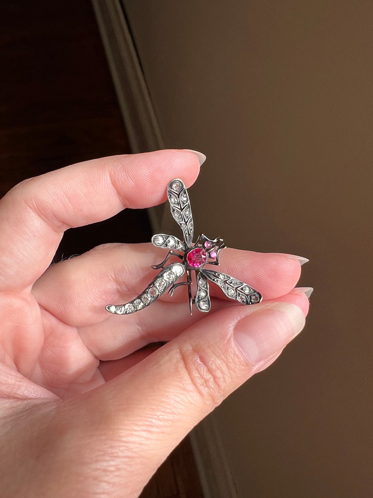 DRAGONFLY Big French Antique Victorian Figural Pin Pendant 1 Carat Rose Old Mine Cut DIAMOND Ruby 18k Gold Silver Figural Belle Epoque 1 Ctw