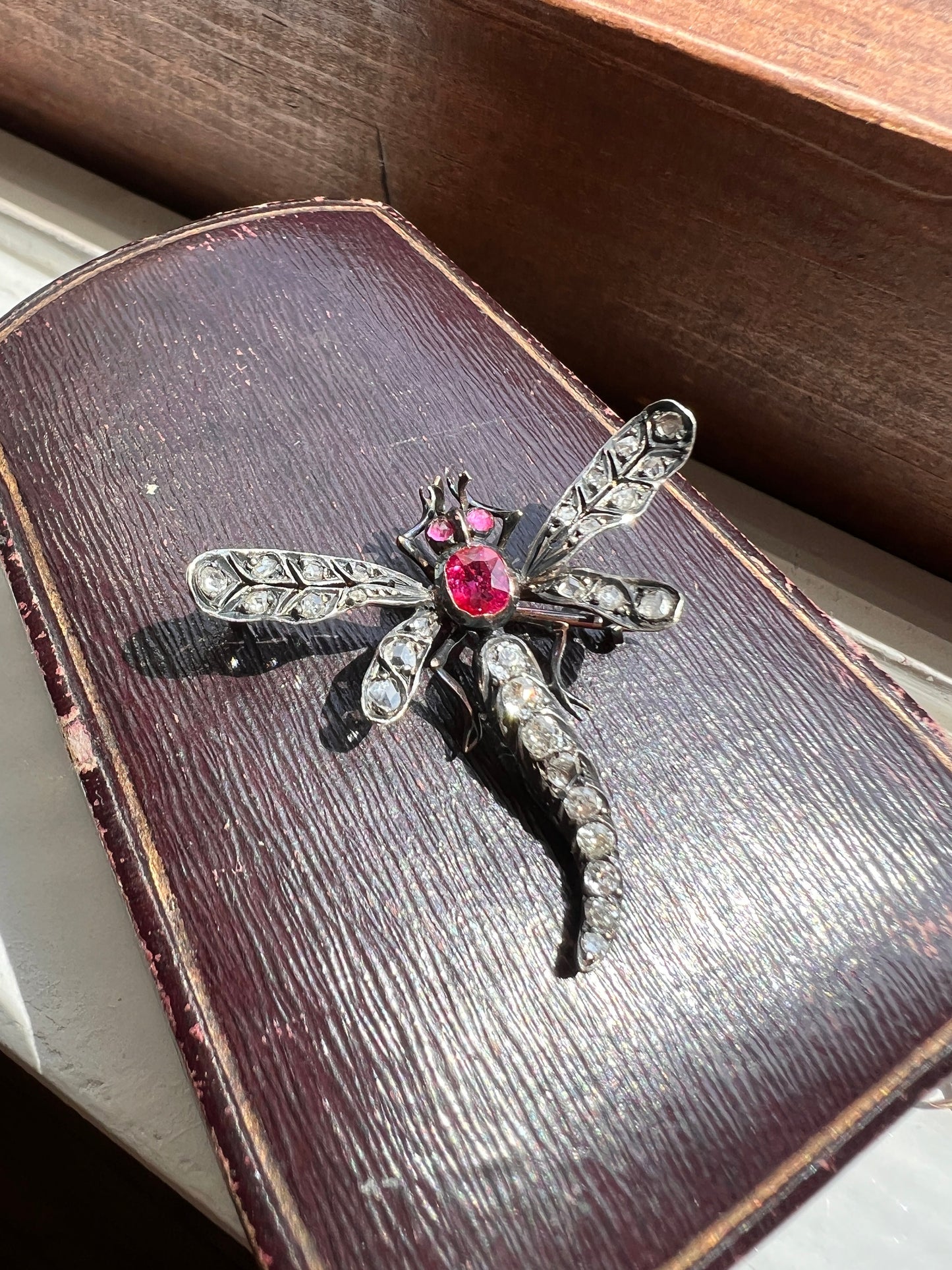 DRAGONFLY Big French Antique Victorian Figural Pin Pendant 1 Carat Rose Old Mine Cut DIAMOND Ruby 18k Gold Silver Figural Belle Epoque 1 Ctw