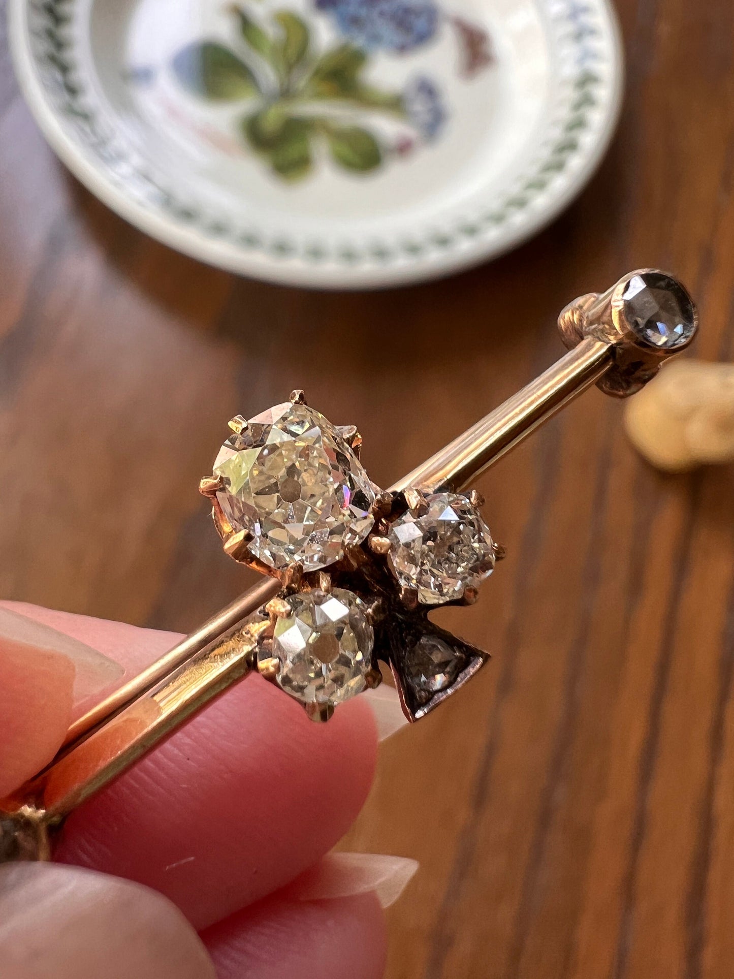 Lucky CLOVER Antique Figural Pin Pendant 1 Carat Rose Old Mine Cut DIAMOND 14k Gold Figural Good Luck