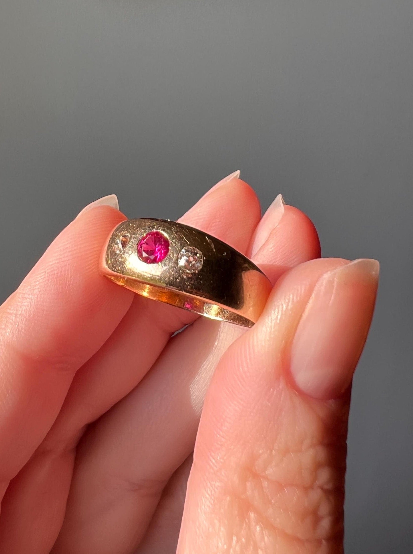 Ruby Old Mine Cut DIAMOND Antique 18k Gold Ring French Three Stone Gypsy Chunky Band Stacker Romantic Gift Pink Sparkle Unisex Man or Lady