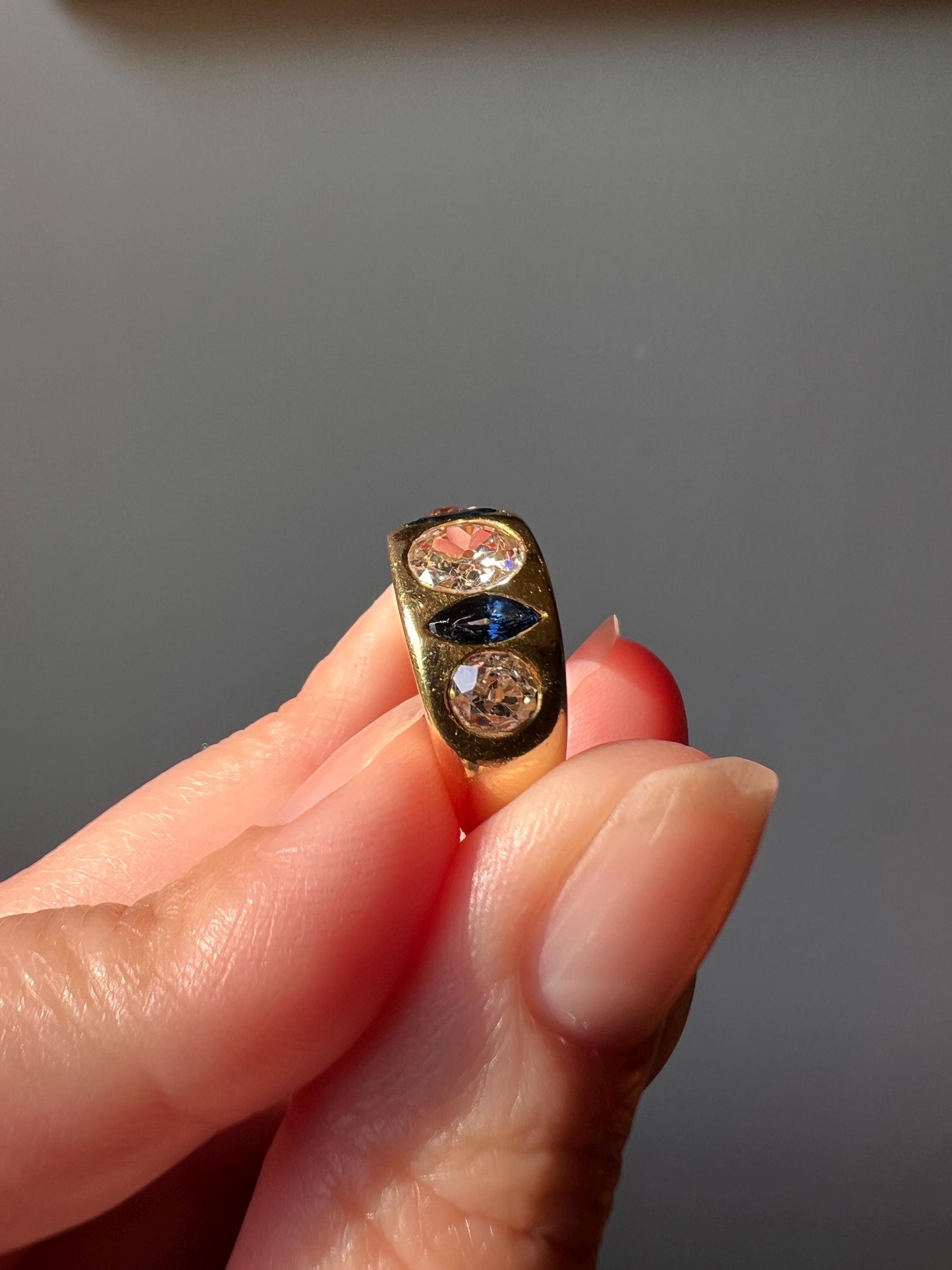 Chunky 1.5 Tdw Carat Old Mine Cut DIAMOND Marquise Sapphire GYPSY Ring Blue Wide Band Antique Heavy 9g 18k Gold Stacker Ooak Gift OMC Rare