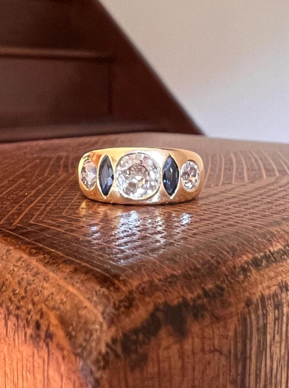 Chunky 1.5 Tdw Carat Old Mine Cut DIAMOND Marquise Sapphire GYPSY Ring Blue Wide Band Antique Heavy 9g 18k Gold Stacker Ooak Gift OMC Rare