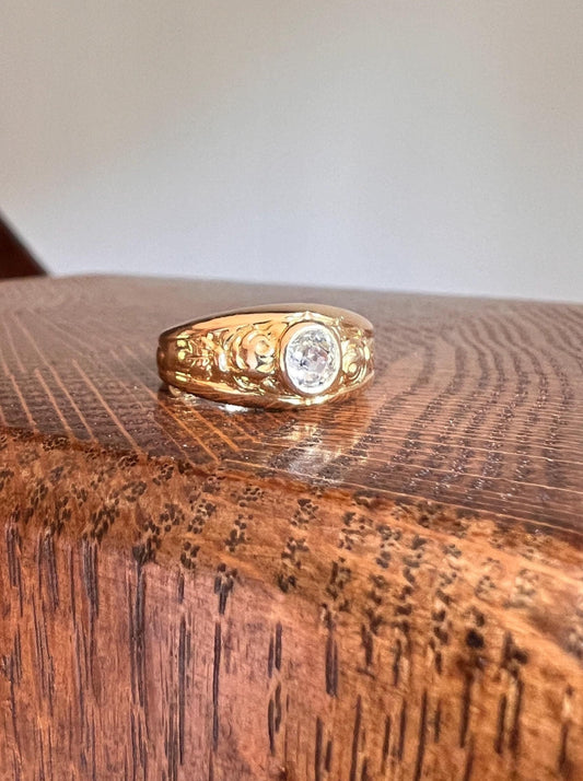 ROSES .33 Carat Old Mine Cut DIAMOND Floral GYPSY Ring Wide Band Antique 18k Gold Stacker French Belle Epoque Romantic Gift Love Wedding OmC