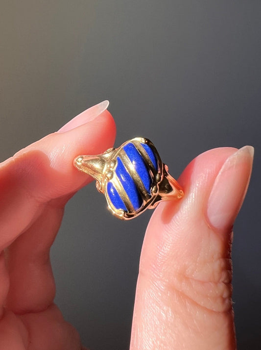Antique STRIPED Blue Enamel Oval Ornate Victorian Ring 18k Gold French Belle Epoque Stacker Romantic Gift Linear Geometric Scrolled Signet