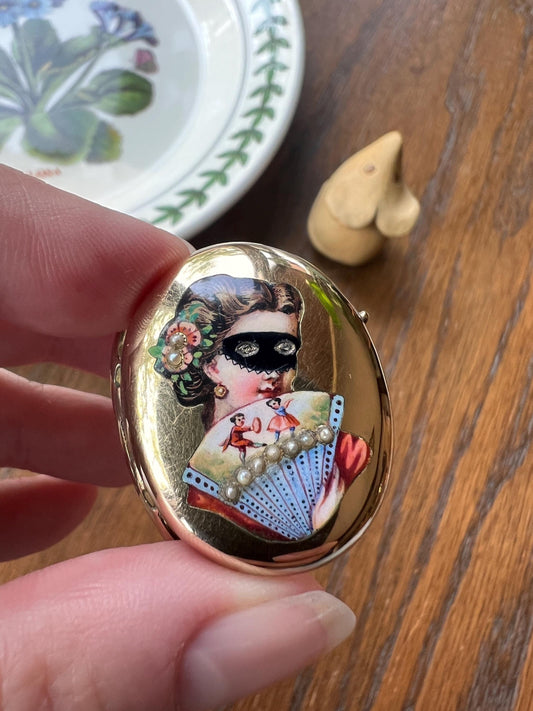 MASQUERADE Victorian ANTIQUE Rose Cut Diamond Pearl ENAMEL 14k Gold Solid Locket MultiColor Masked Spanish Woman Fan Dancing Figures Figural