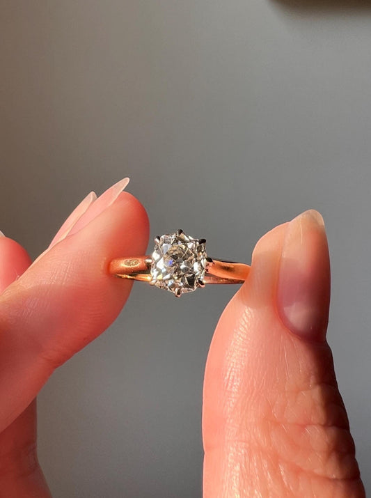 Victorian Antique Chunky 0.9 Carat Old Mine Cut DIAMOND Solitaire 18k Gold Ring Engagement Stacker Band Romantic Gift OMC Wedding .9Ctw