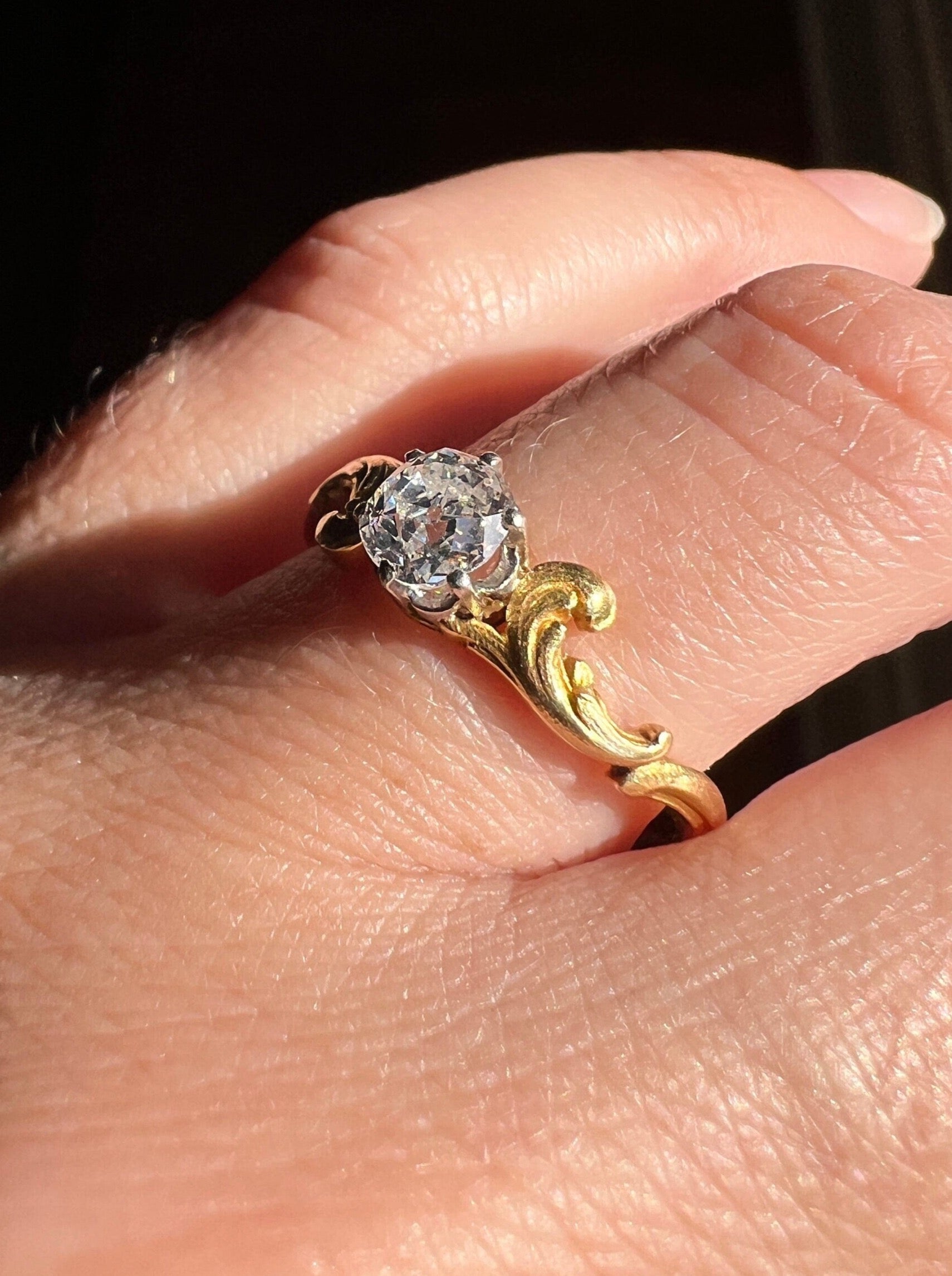 Swirl Scrolled Shank Antique Eye Clean .5 Carat Old Mine Cut DiAMOND Solitaire Ring 18k GOLD Engagement Solitaire Romantic Gift Stacker OMC