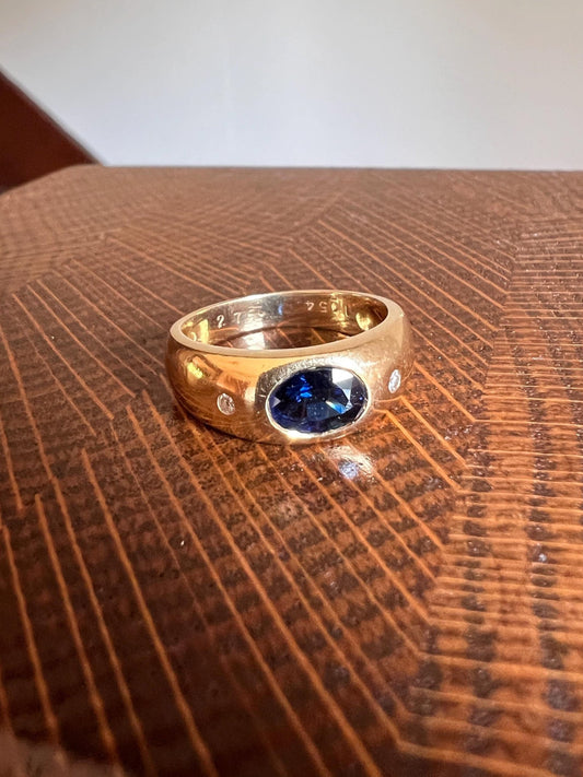 Natural SAPPHIRE Oval Three Stone Diamond Ring Gypsy Band 6.8g 18k Gold Solid Ring Stacker French Vintage Chunky Dome Blue Romantic Gift OMC