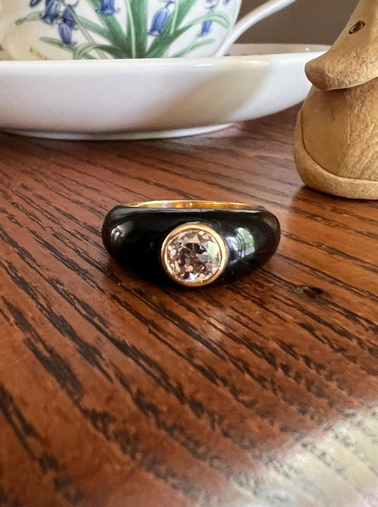 One Carat CHAMPAGNE Old Mine Cut DIAMOND Eye Clean French Antique 18k Gold Black Gypsy Ring Solitaire Engagement Chunky Heavy A+ Clarity OmC