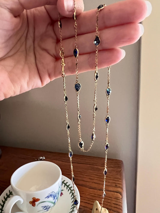 Gorgeous Vintage to Antique Teardrop Blue SAPPHIRE Station Chain Long Guard 18k GOLD Necklace Romantic Gift Dog Clip Neckmess Neckstack Vtg