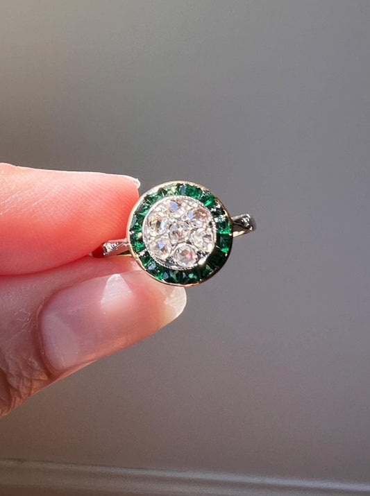 Antique Rose Cut Diamond Carre EMERALD Halo Ring Bullseye Target Geometric French 18k Gold Platinum Gift Stacker Green Sparkle Belle Epoque