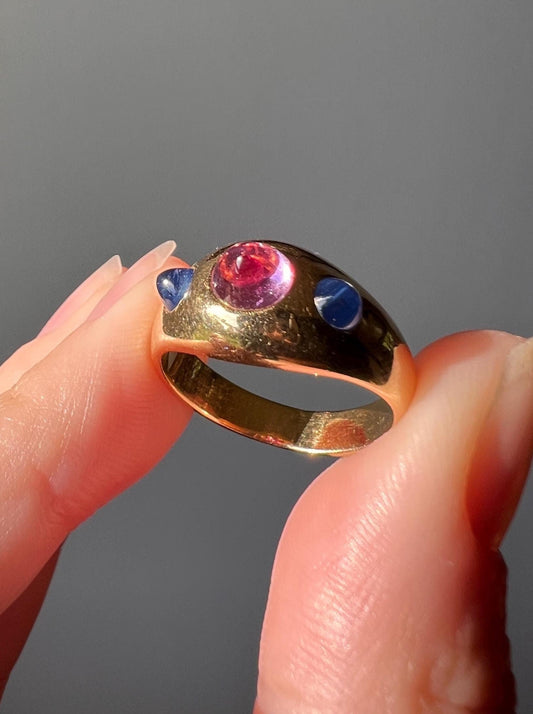 Natural SAPPHIRE Pink & Blue Sugarloaf Vintage to Antique 18k Gold Ring French Three Stone Gypsy Chunky Band Stacker Romantic Gift Glowing