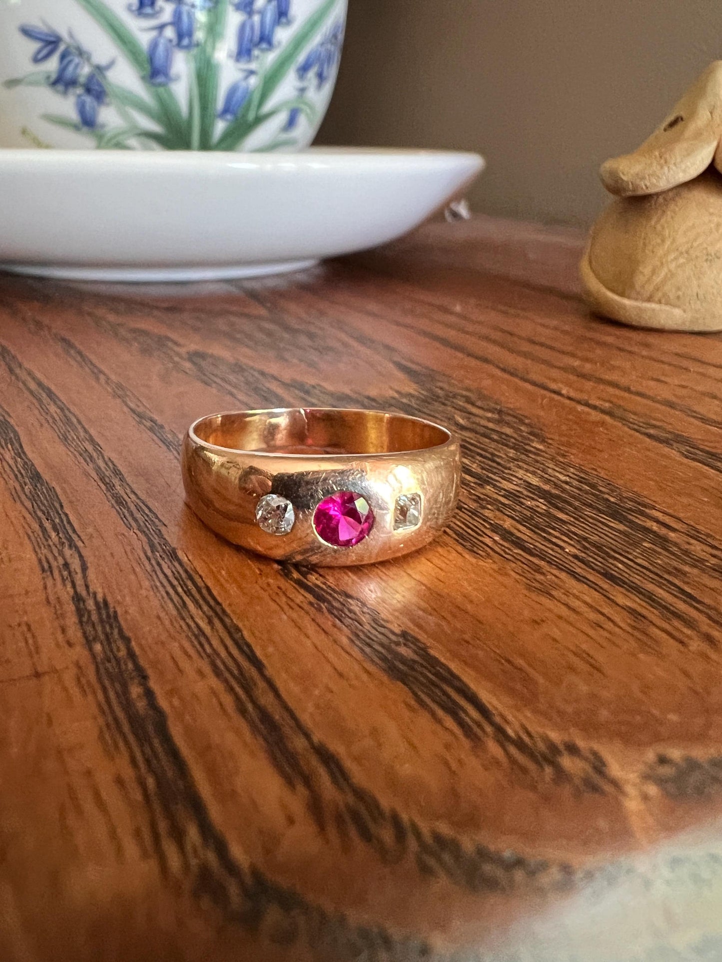 Ruby Old Mine Cut DIAMOND Antique 18k Gold Ring French Three Stone Gypsy Chunky Band Stacker Romantic Gift Pink Sparkle Unisex Man or Lady