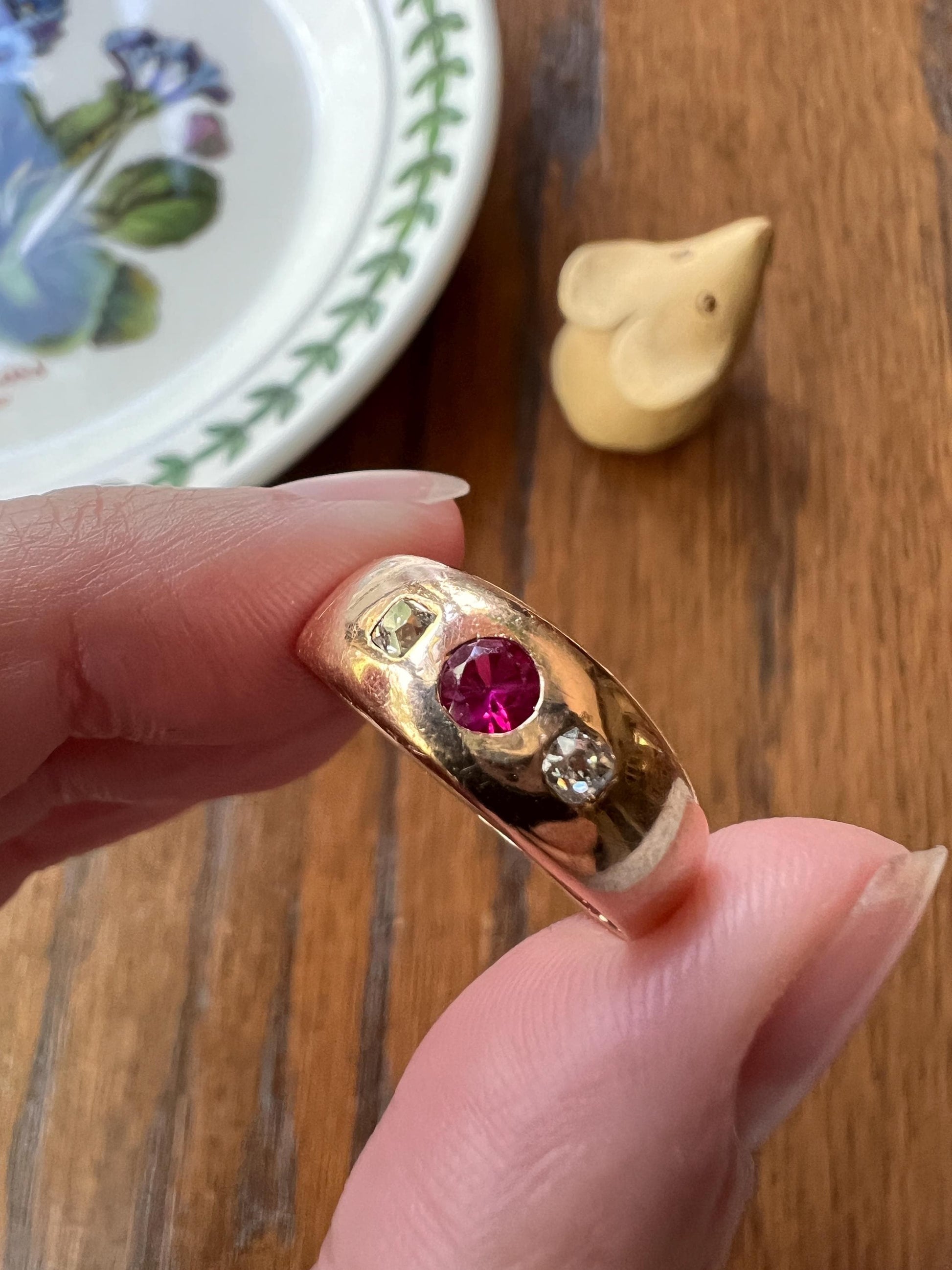 Ruby Old Mine Cut DIAMOND Antique 18k Gold Ring French Three Stone Gypsy Chunky Band Stacker Romantic Gift Pink Sparkle Unisex Man or Lady