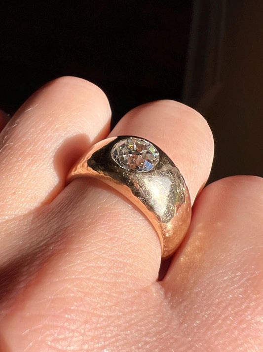 HAMMERED Chunky 1.3 Carat Old Mine Cut GYPSY Ring Eye Clean Wide Band French Antique Heavy 12g 18k Gold Stacker Ooak Gift Unisex Rare OmC