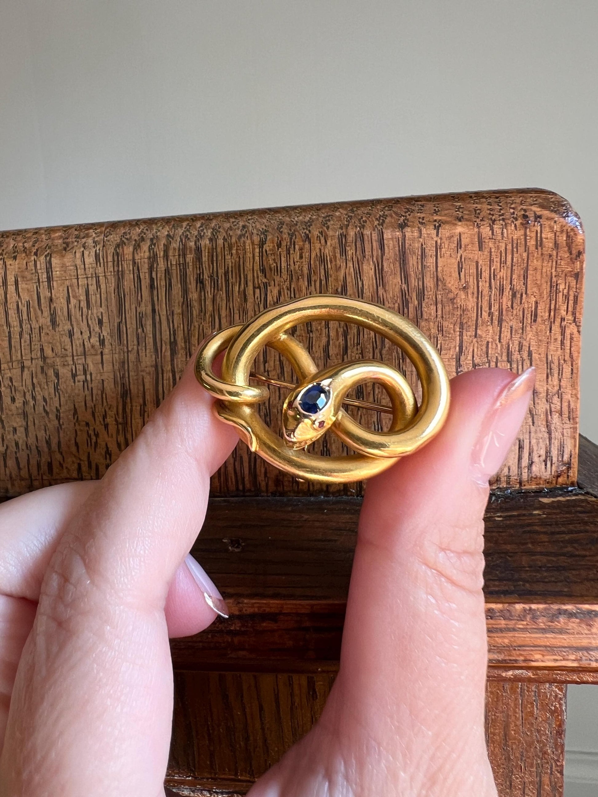 Smiling SNAKE XL Victorian Antique Figural TEETH! 7.5g 18k Gold Solid Brooch or Pendant Holder Connector Sapphire Head Ruby Eyes