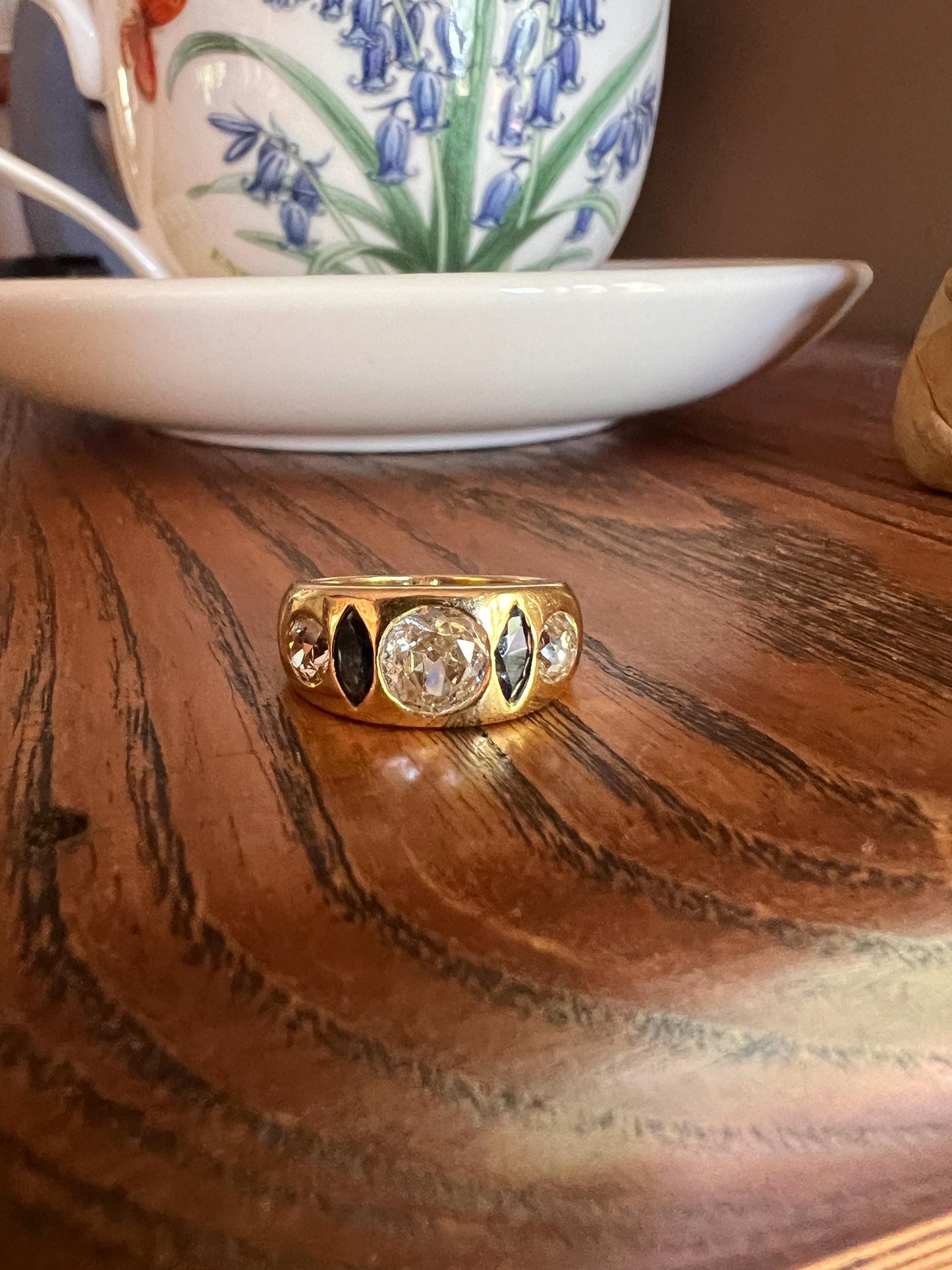 Chunky 1.5 Tdw Carat Old Mine Cut DIAMOND Marquise Sapphire GYPSY Ring Blue Wide Band Antique Heavy 9g 18k Gold Stacker Ooak Gift OMC Rare