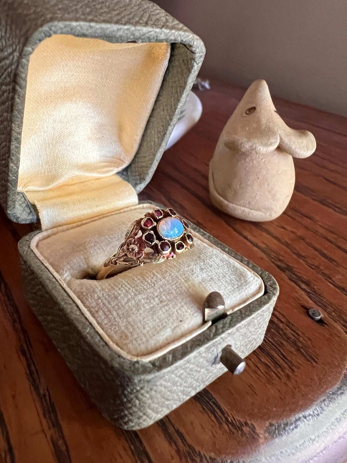 FLORAL Tri Color 18k Gold Blue Opal Garnet Halo Antique FRENCH Traditional Wedding Ring Stacker Romantic Gift Figural Flowers Rose Green