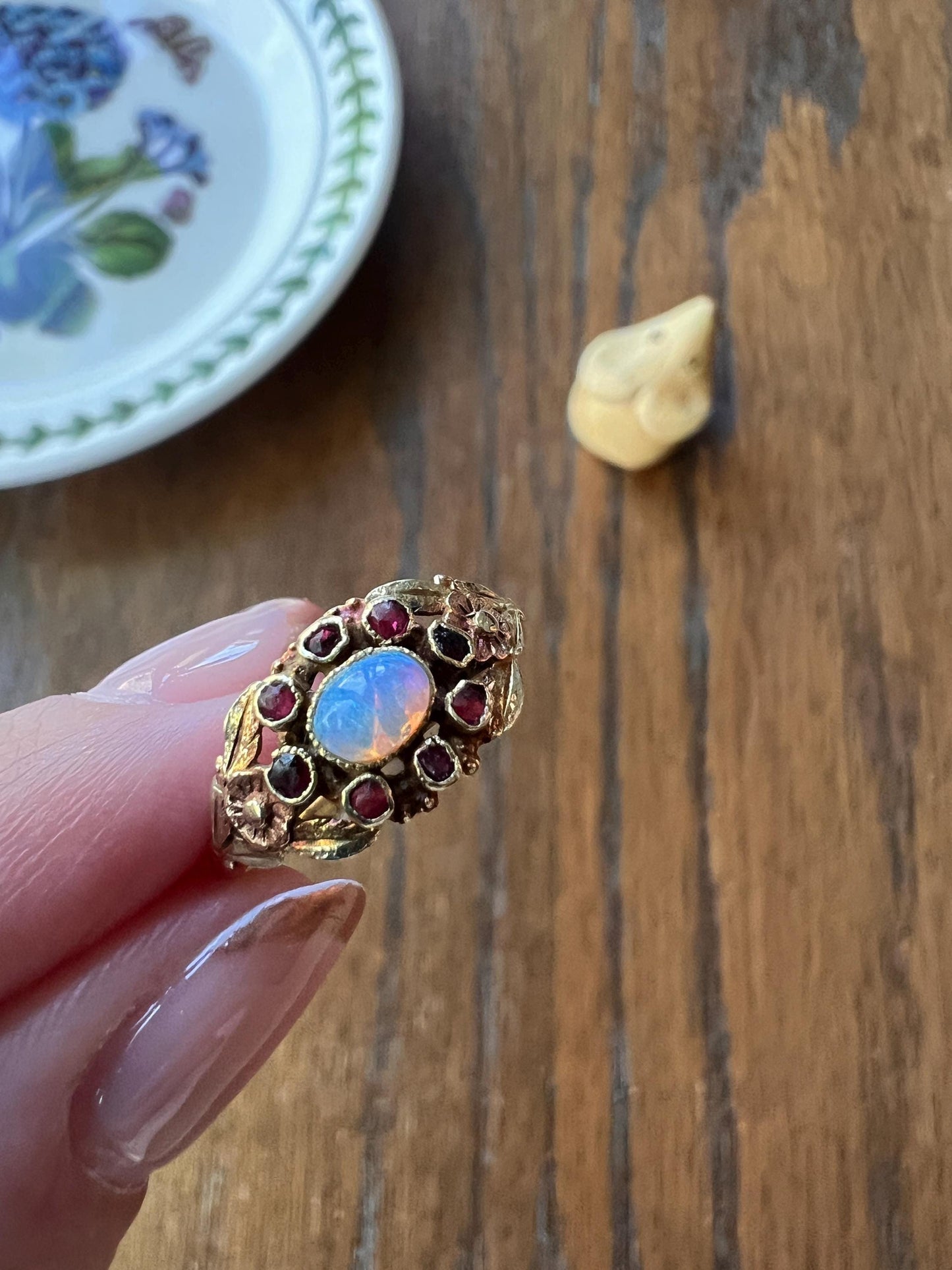 FLORAL Tri Color 18k Gold Blue Opal Garnet Halo Antique FRENCH Traditional Wedding Ring Stacker Romantic Gift Figural Flowers Rose Green