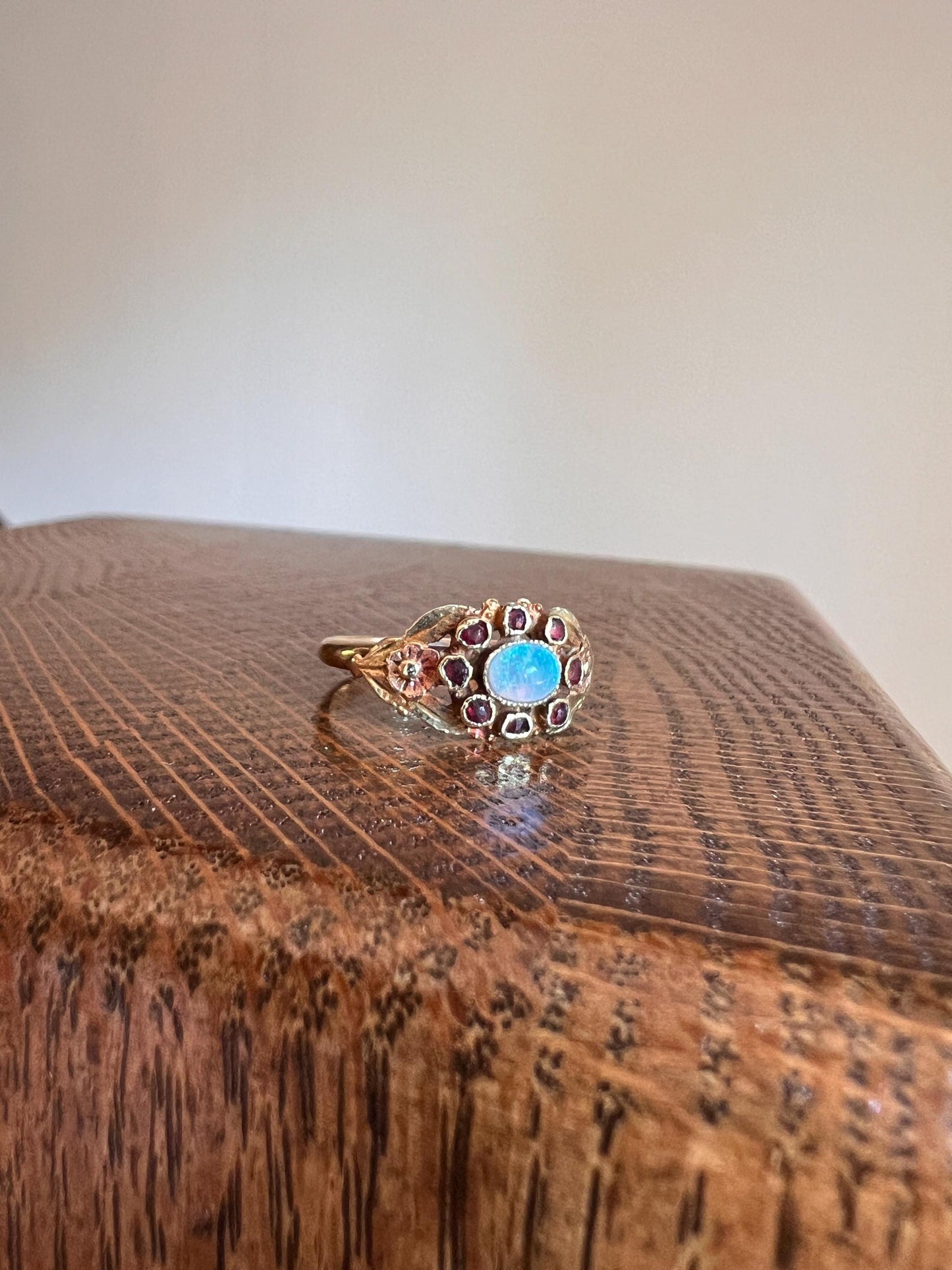 FLORAL Tri Color 18k Gold Blue Opal Garnet Halo Antique FRENCH Traditional Wedding Ring Stacker Romantic Gift Figural Flowers Rose Green