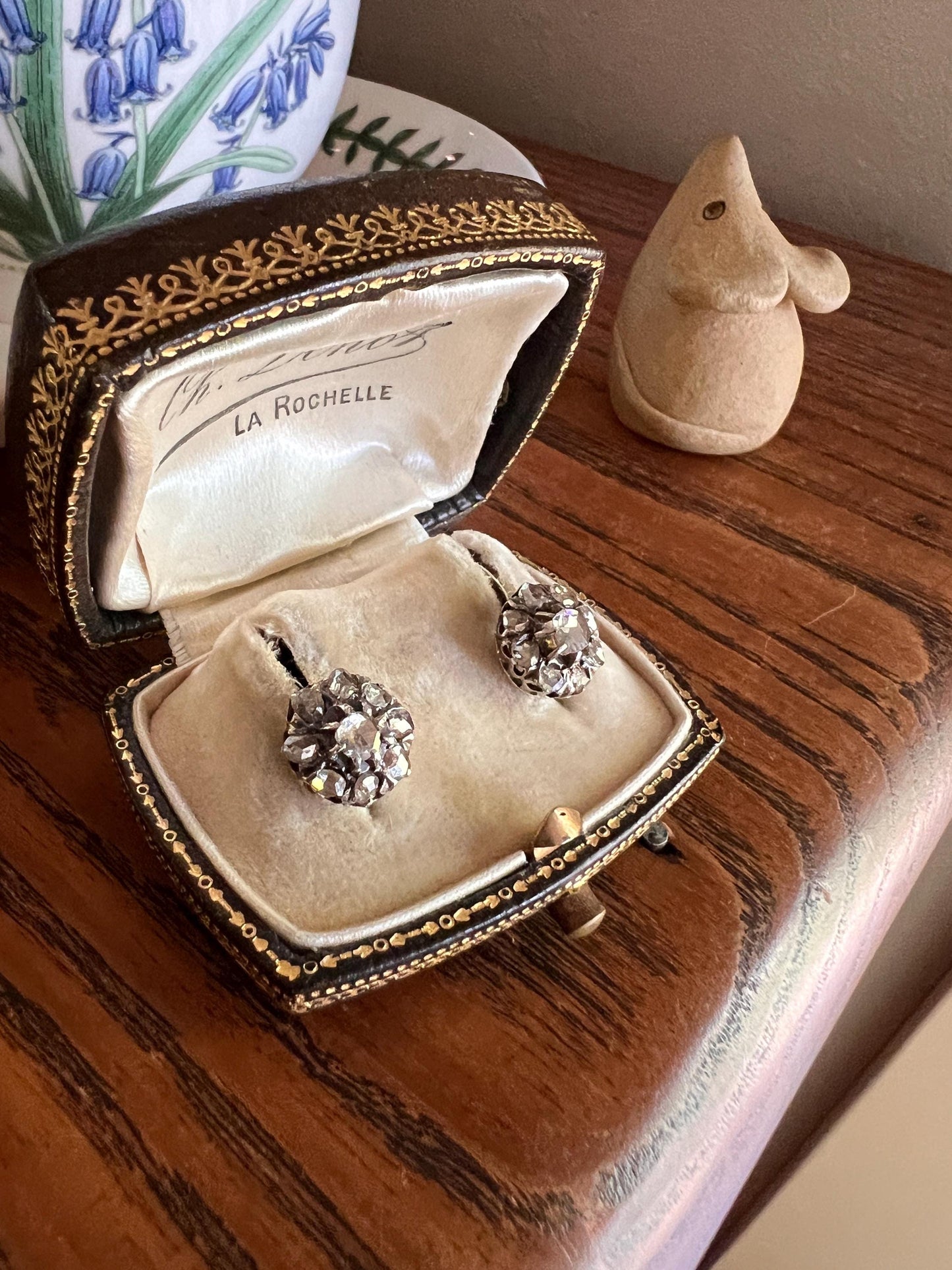 Victorian Antique Rose Cut DIAMOND Cluster Stud EARRINGs French Bridal Romantic Gift Daisy Floral Belle Epoque Something Old Open Back