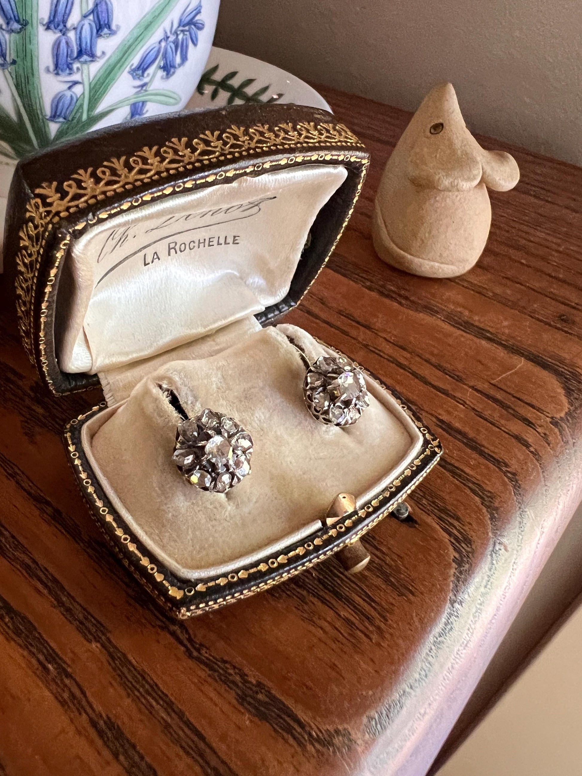 Victorian Antique Rose Cut DIAMOND Cluster Stud EARRINGs French Bridal Romantic Gift Daisy Floral Belle Epoque Something Old Open Back