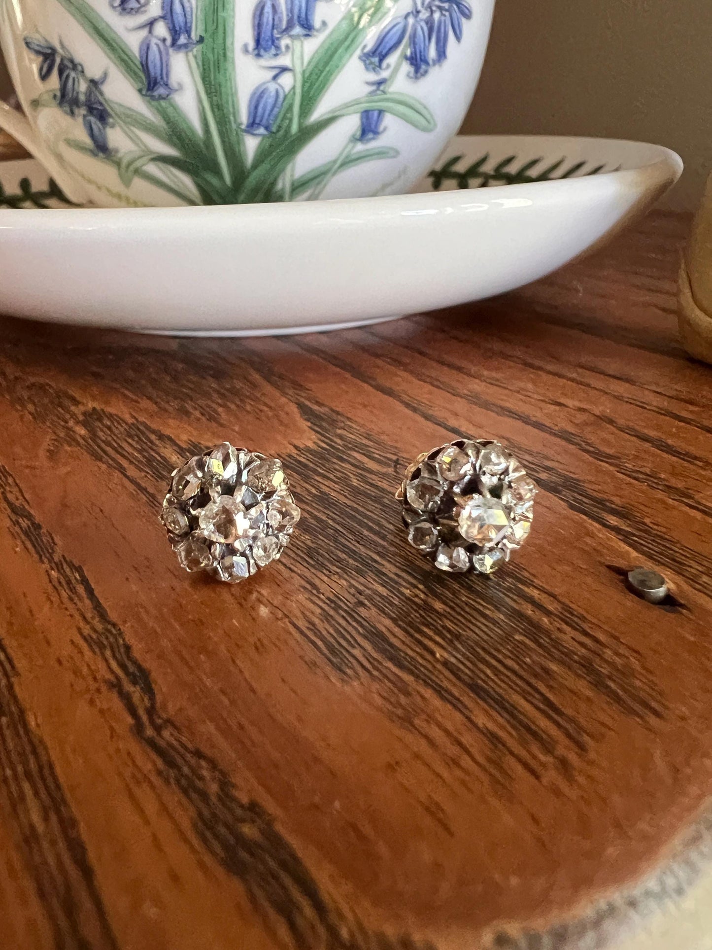 Victorian Antique Rose Cut DIAMOND Cluster Stud EARRINGs French Bridal Romantic Gift Daisy Floral Belle Epoque Something Old Open Back