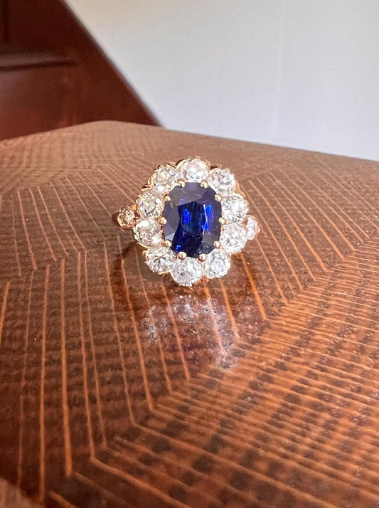 French Antique Natural Sapphire 1.7 CARAT Old Mine Cut DIAMONDS 18k Gold Halo Ring Cluster Stacker Romantic Gift Blue Oval 1.7 Ct Tdw OmC