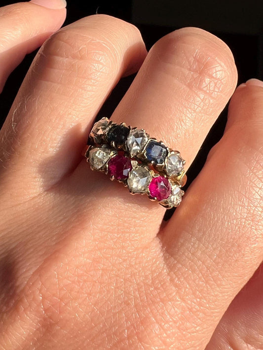 Double Band Pink Ruby Blue Tourmaline Rose Cut DIAMOND Two Twin Victorian Antique 18k Gold Ring Stacker French Belle Epoque Romantic Gift