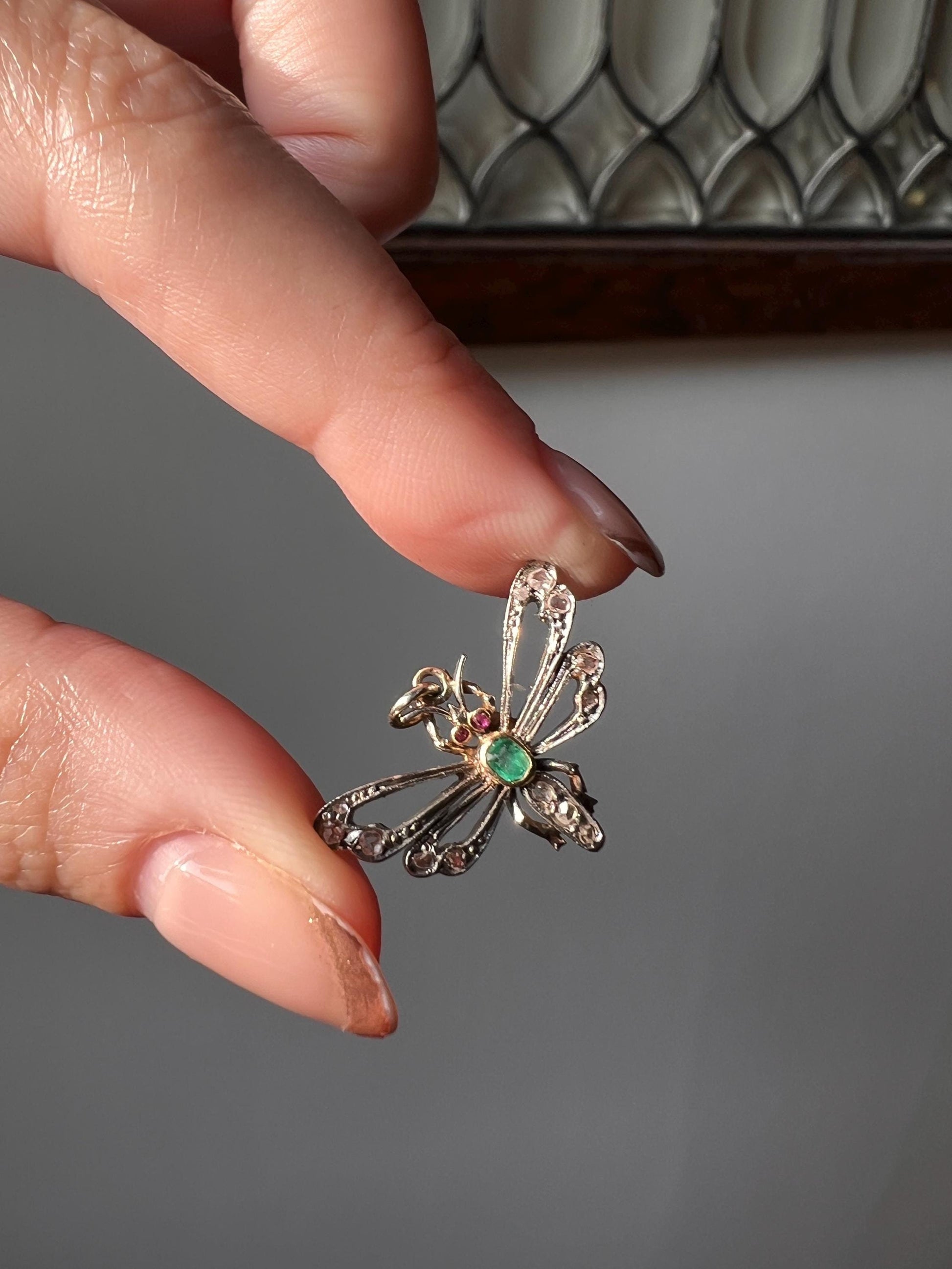 Dragonfly Butterfly BUG Fly Bee French Antique Victorian Figural Pendant Emerald Rose Cut DIAMOND Ruby 18k Gold Silver Figural Wings Green