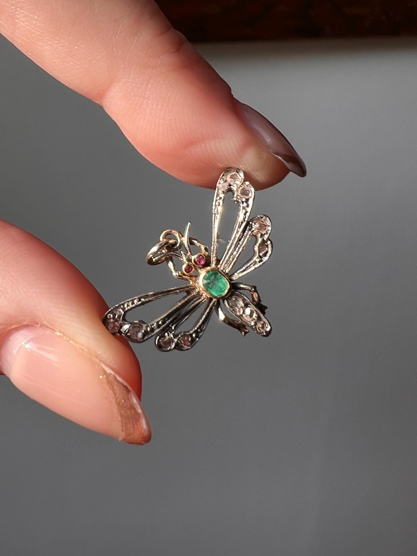 Dragonfly Butterfly BUG Fly Bee French Antique Victorian Figural Pendant Emerald Rose Cut DIAMOND Ruby 18k Gold Silver Figural